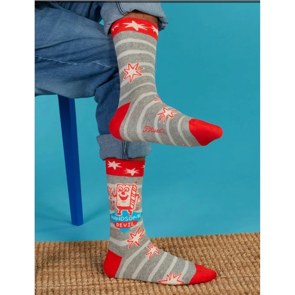 NWT Blue Q Mens Socks Handsome Devil Grey Red Striped Retro Graphic Novelty